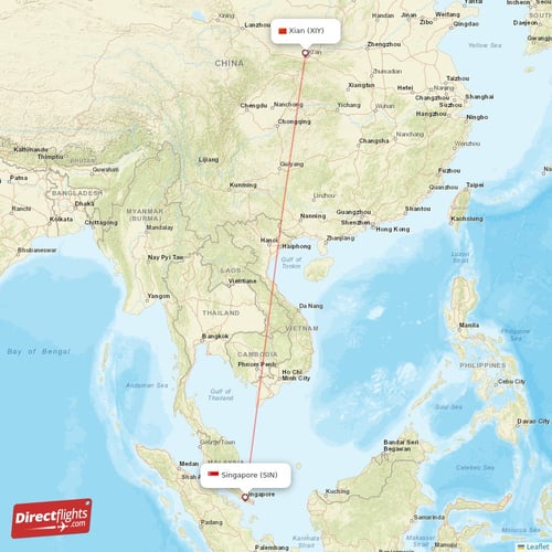 Singapore - Xian direct flight map