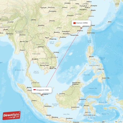 Singapore - Xiamen direct flight map