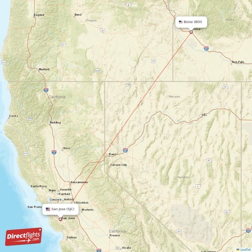 San Jose - Boise direct flight map