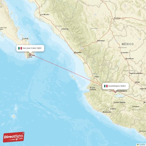 San Jose Cabo - Guadalajara direct flight map