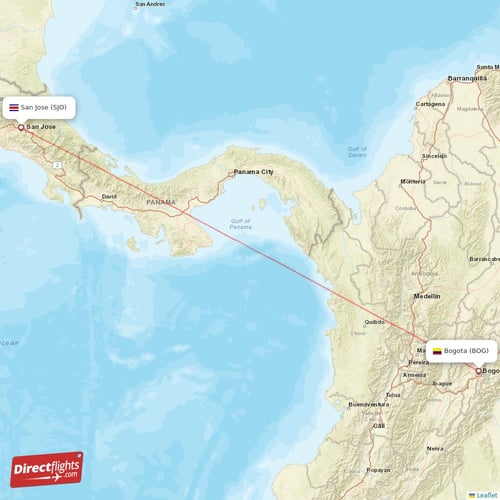 San Jose - Bogota direct flight map