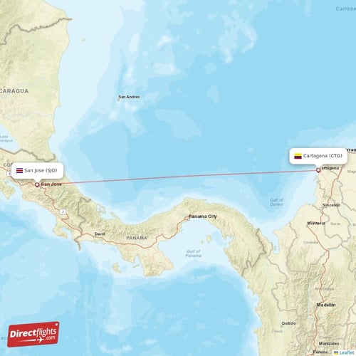 San Jose - Cartagena direct flight map