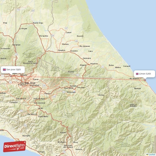 San Jose - Limon direct flight map
