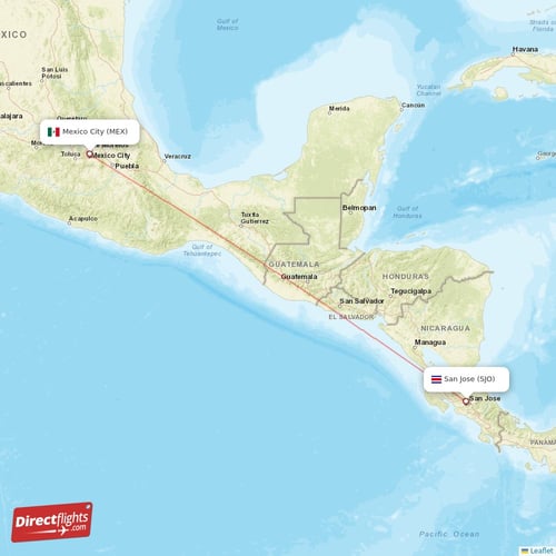 San Jose - Mexico City direct flight map