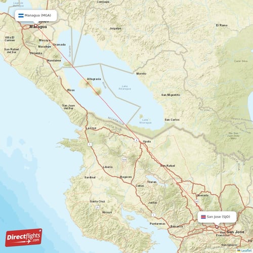 San Jose - Managua direct flight map