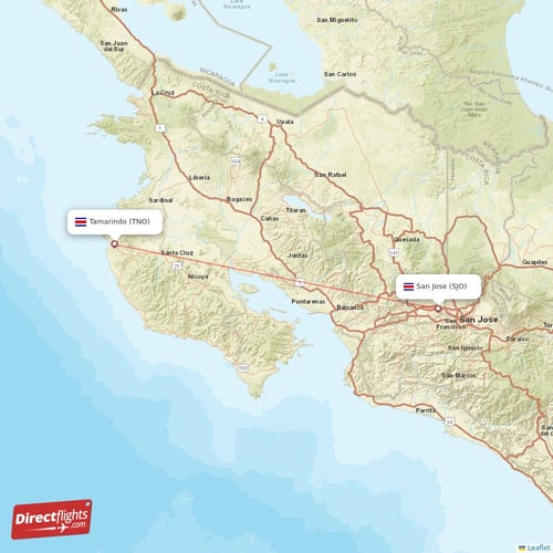 San Jose - Tamarindo direct flight map