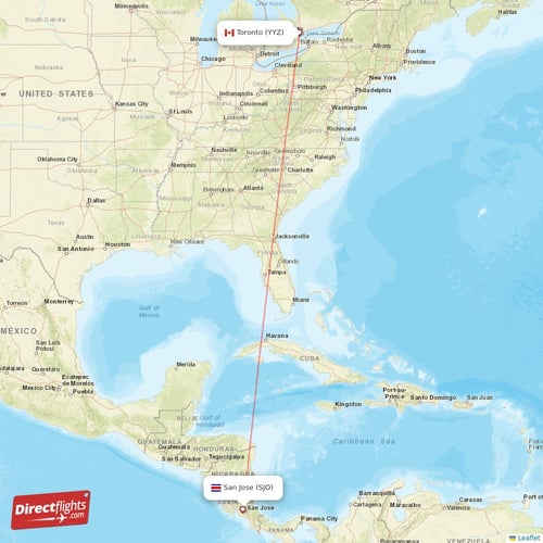 San Jose - Toronto direct flight map