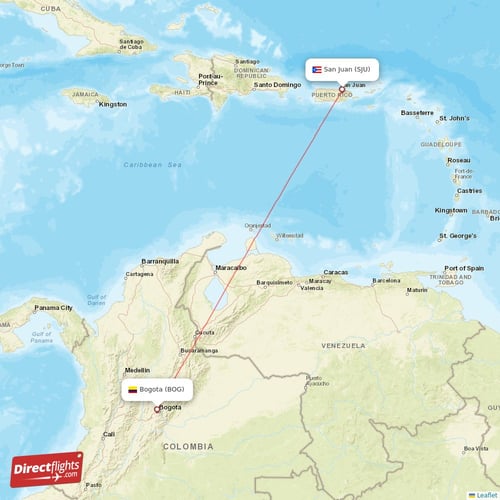 San Juan - Bogota direct flight map