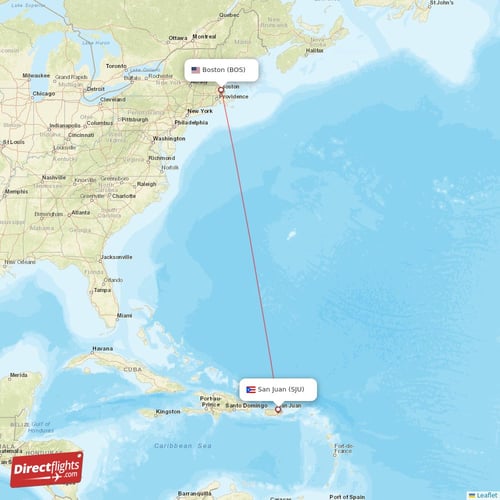 San Juan - Boston direct flight map