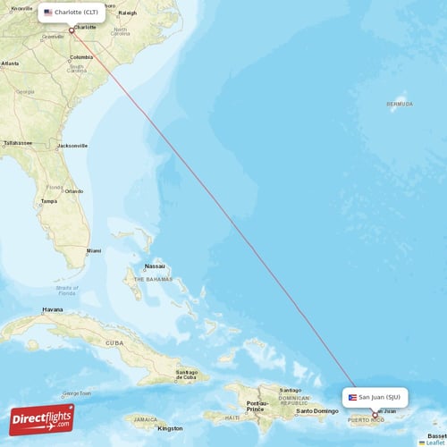 San Juan - Charlotte direct flight map