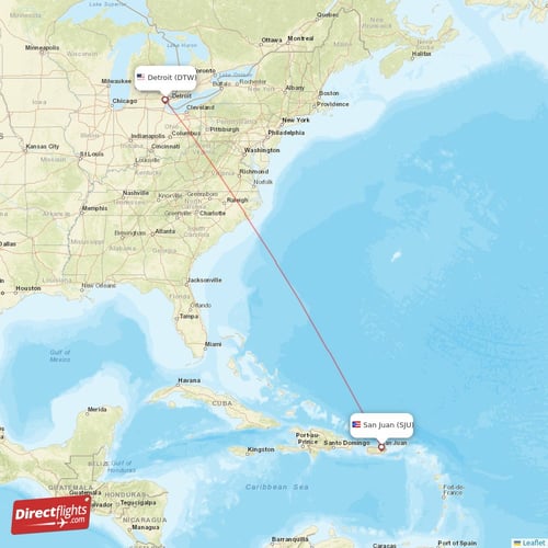 San Juan - Detroit direct flight map