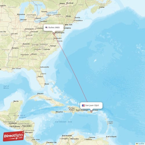 San Juan - Dulles direct flight map