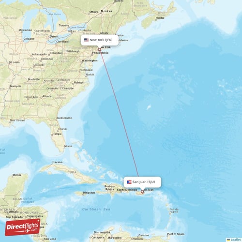 San Juan - New York direct flight map