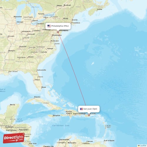 San Juan - Philadelphia direct flight map