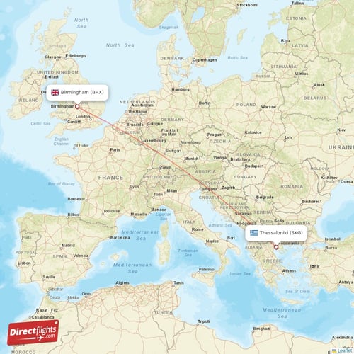 Thessaloniki - Birmingham direct flight map