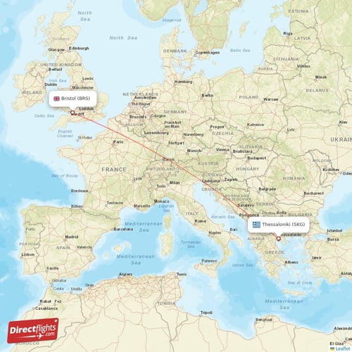 Thessaloniki - Bristol direct flight map