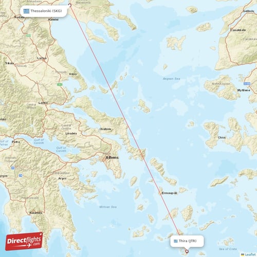 Thessaloniki - Thira direct flight map