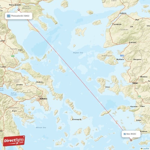 Thessaloniki - Kos direct flight map