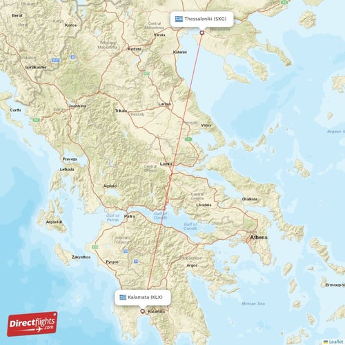 Thessaloniki - Kalamata direct flight map
