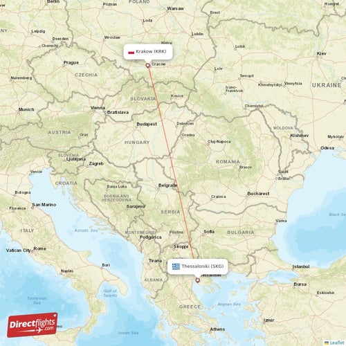 Thessaloniki - Krakow direct flight map