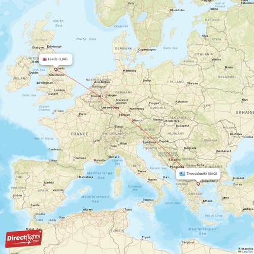Thessaloniki - Leeds direct flight map