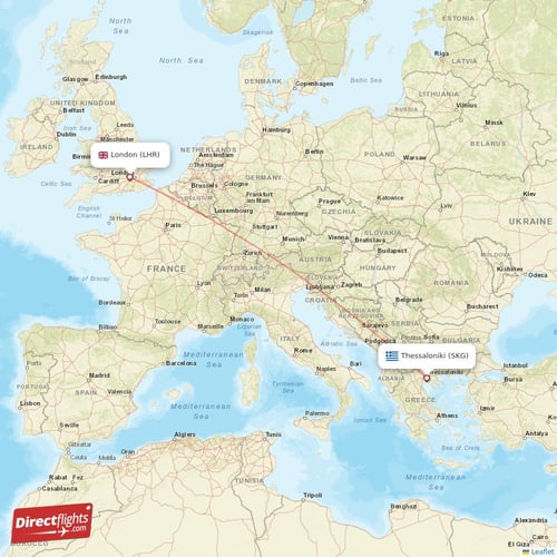 Thessaloniki - London direct flight map