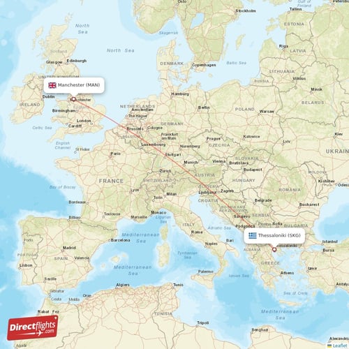 Thessaloniki - Manchester direct flight map