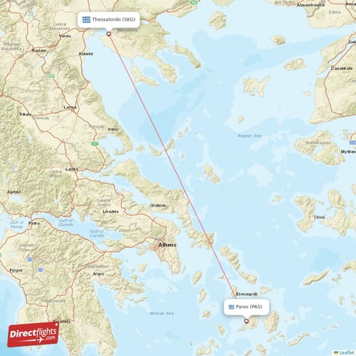 Thessaloniki - Paros direct flight map