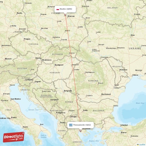 Thessaloniki - Modlin direct flight map