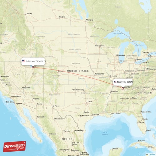 Salt Lake City - Nashville direct flight map