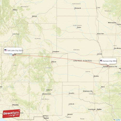 Salt Lake City - Kansas City direct flight map