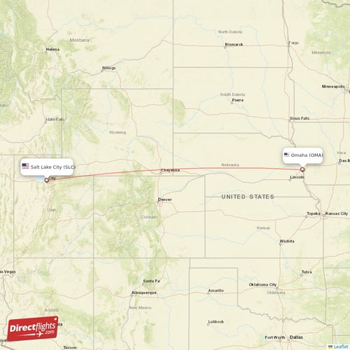 Salt Lake City - Omaha direct flight map