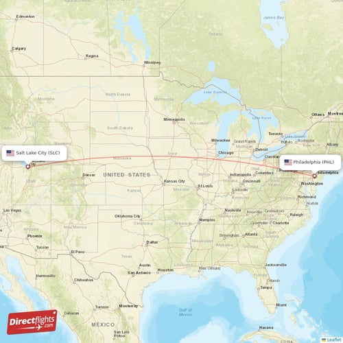 Salt Lake City - Philadelphia direct flight map