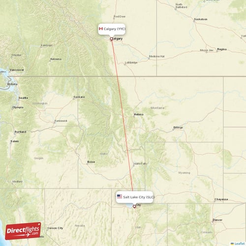 Salt Lake City - Calgary direct flight map