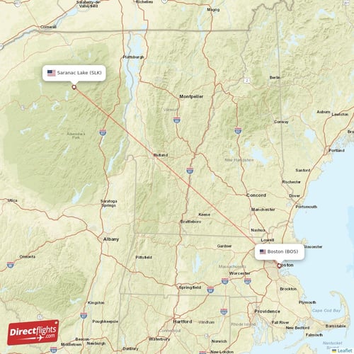Saranac Lake - Boston direct flight map