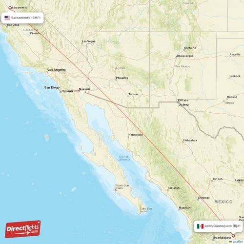 Sacramento - Leon/Guanajuato direct flight map