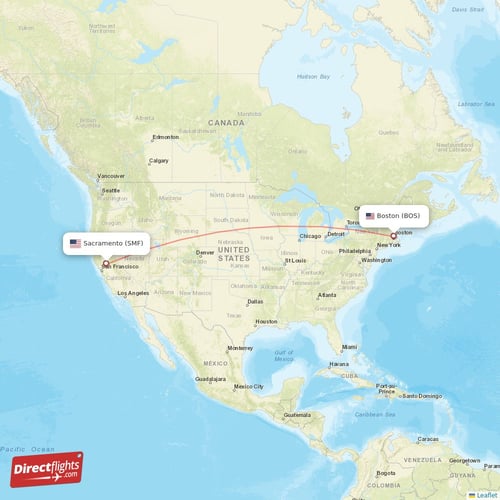 Sacramento - Boston direct flight map