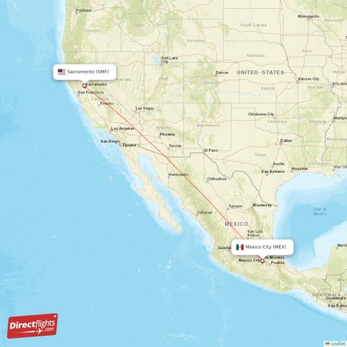 Sacramento - Mexico City direct flight map