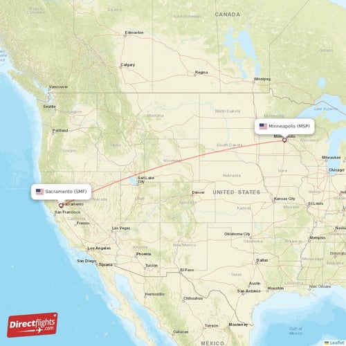Sacramento - Minneapolis direct flight map
