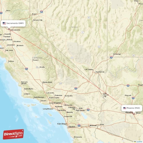 Sacramento - Phoenix direct flight map