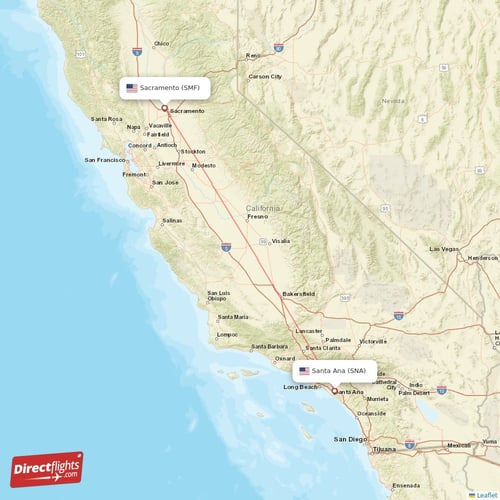 Sacramento - Santa Ana direct flight map