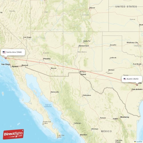 Santa Ana - Austin direct flight map