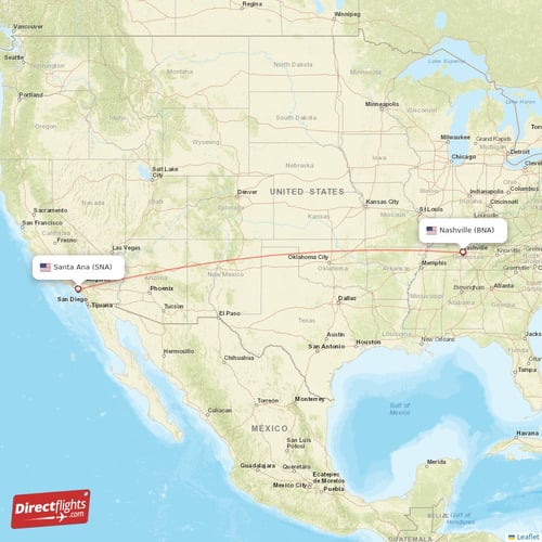 Santa Ana - Nashville direct flight map