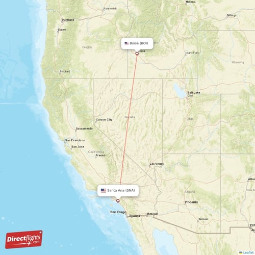 Santa Ana - Boise direct flight map