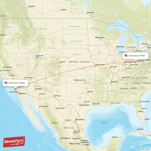 Santa Ana - Columbus direct flight map