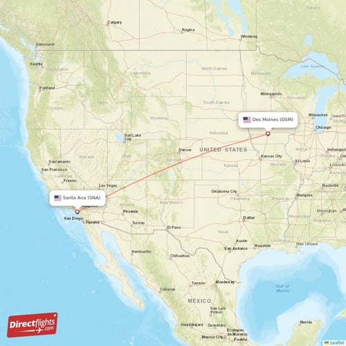 Santa Ana - Des Moines direct flight map
