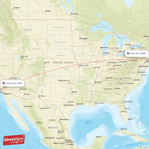 Santa Ana - New York direct flight map