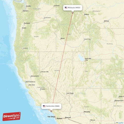 Santa Ana - Missoula direct flight map