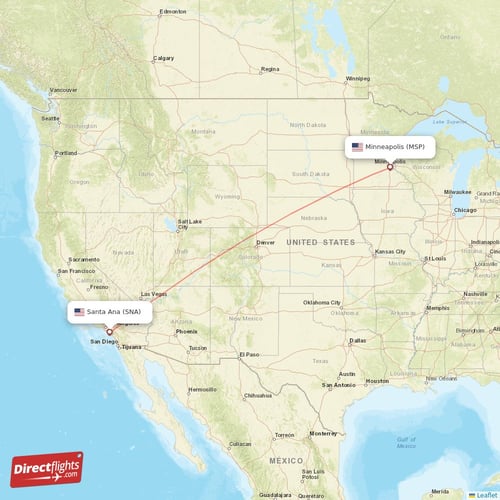 Santa Ana - Minneapolis direct flight map
