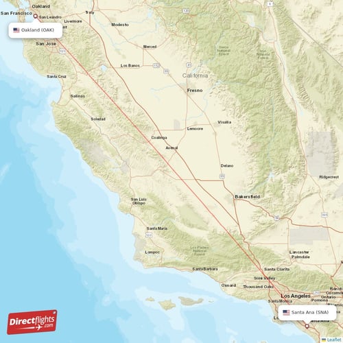 Santa Ana - Oakland direct flight map